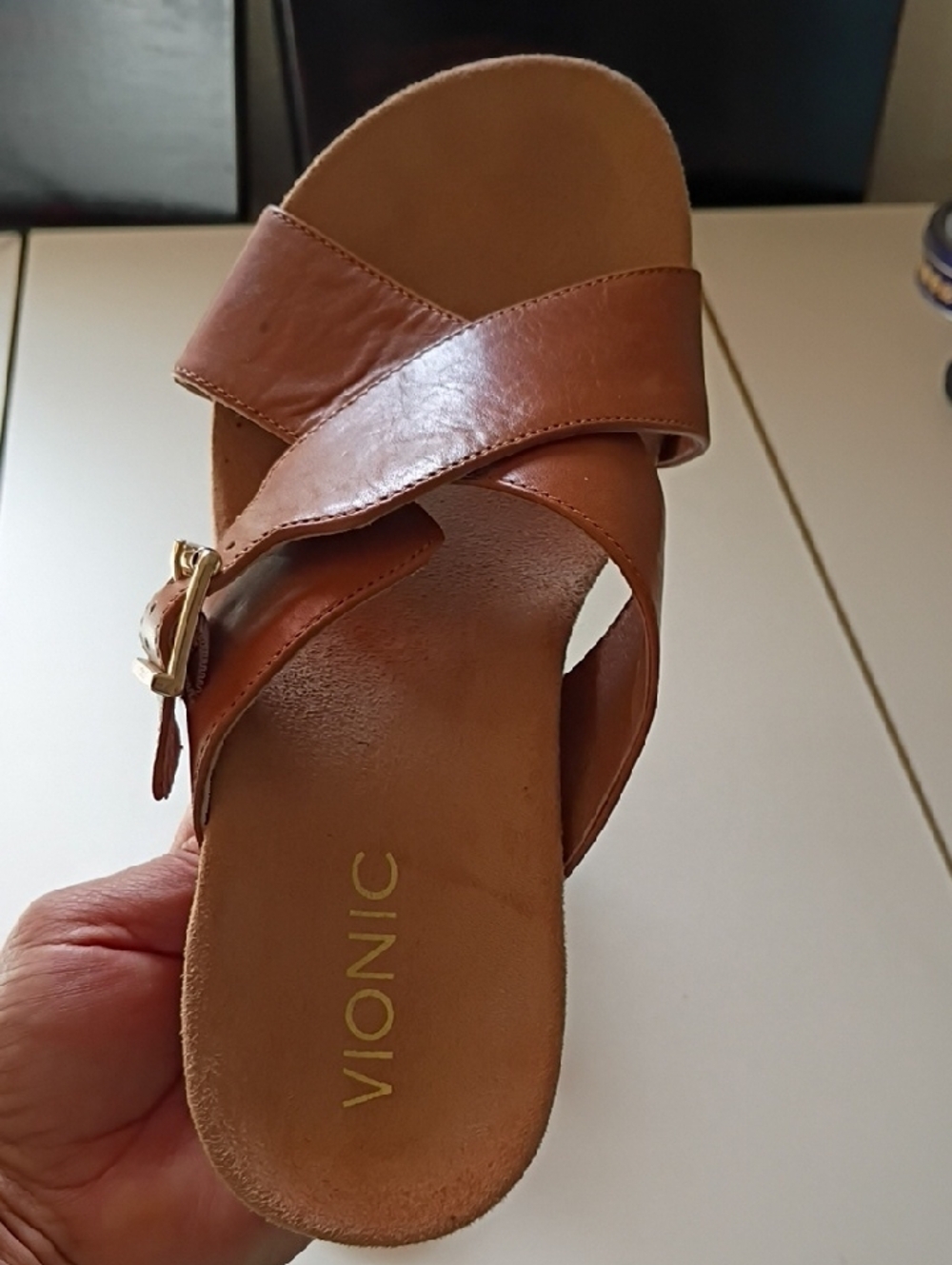 Vionic Tan Leather Cross-Strap Wedge Sandals with Buckle - Picture 3 of 6
